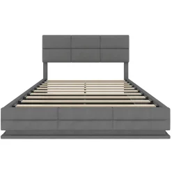 Redom Lit 140x200 cm velours gris foncé, tête de lit réglable 3 positions et grand coffre hydraulique intégré New