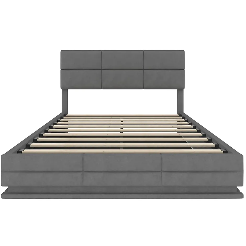 Redom Lit 140x200 cm velours gris foncé, tête de lit réglable 3 positions et grand coffre hydraulique intégré New