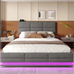 Redom Lit 140x200 cm velours gris foncé, tête de lit réglable 3 positions et grand coffre hydraulique intégré New