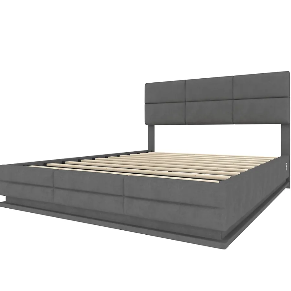 Redom Lit 140x200 cm velours gris foncé, tête de lit réglable 3 positions et grand coffre hydraulique intégré New