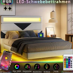 Fortuna lai Lit 160x200 cm,avec port de chargement USB et éclairage LED,Cadre de lit, lit flottant avec Tête de lit triangle,Lit adulte,Blanc