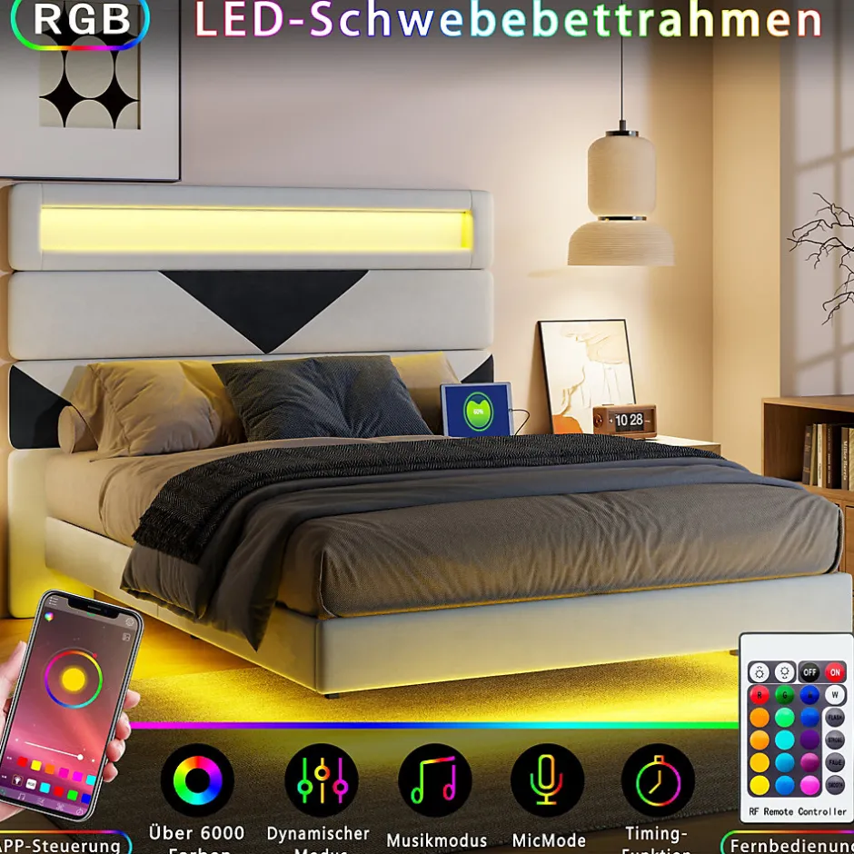 Fortuna lai Lit 160x200 cm,avec port de chargement USB et éclairage LED,Cadre de lit, lit flottant avec Tête de lit triangle,Lit adulte,Blanc