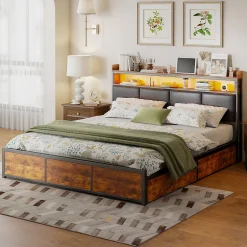 Generique Lit 160x200 cuir PU noir, cadre métal, LED, tête de lit avec rangement, tiroirs, design moderne pour enfants/ados