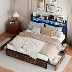 Generique Lit 160x200 cuir PU noir, cadre métal, LED, tête de lit avec rangement, tiroirs, design moderne pour enfants/ados