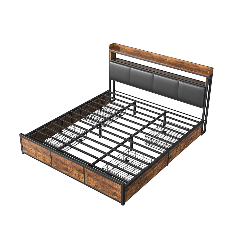 Generique Lit 160x200 cuir PU noir, cadre métal, LED, tête de lit avec rangement, tiroirs, design moderne pour enfants/ados