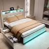 Simple Life Lit 180x200 Sommier LED Et 2 USB, Type-c, Lit Capitonné Lit Double Avec 4 Tiroirs, Lin, Beige