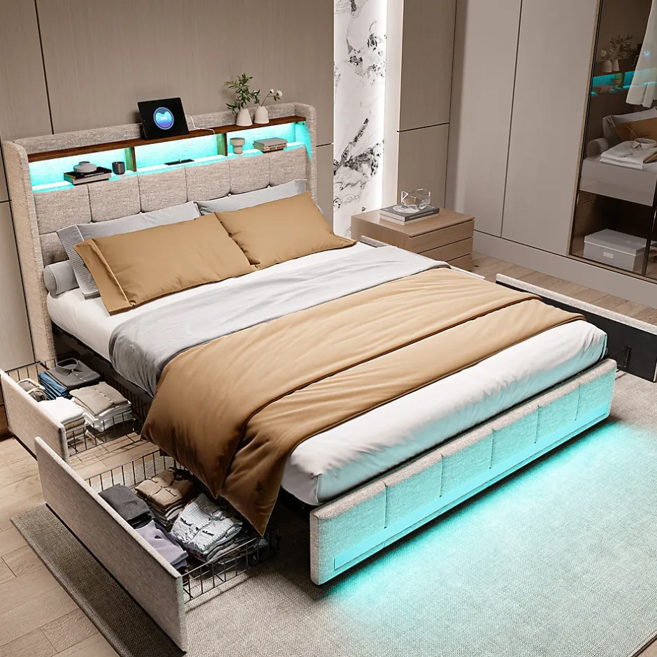 Simple Life Lit 180x200 Sommier LED Et 2 USB, Type-c, Lit Capitonné Lit Double Avec 4 Tiroirs, Lin, Beige