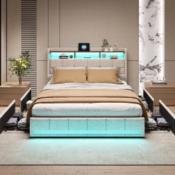 Simple Life Lit 180x200 Sommier LED Et 2 USB, Type-c, Lit Capitonné Lit Double Avec 4 Tiroirs, Lin, Beige
