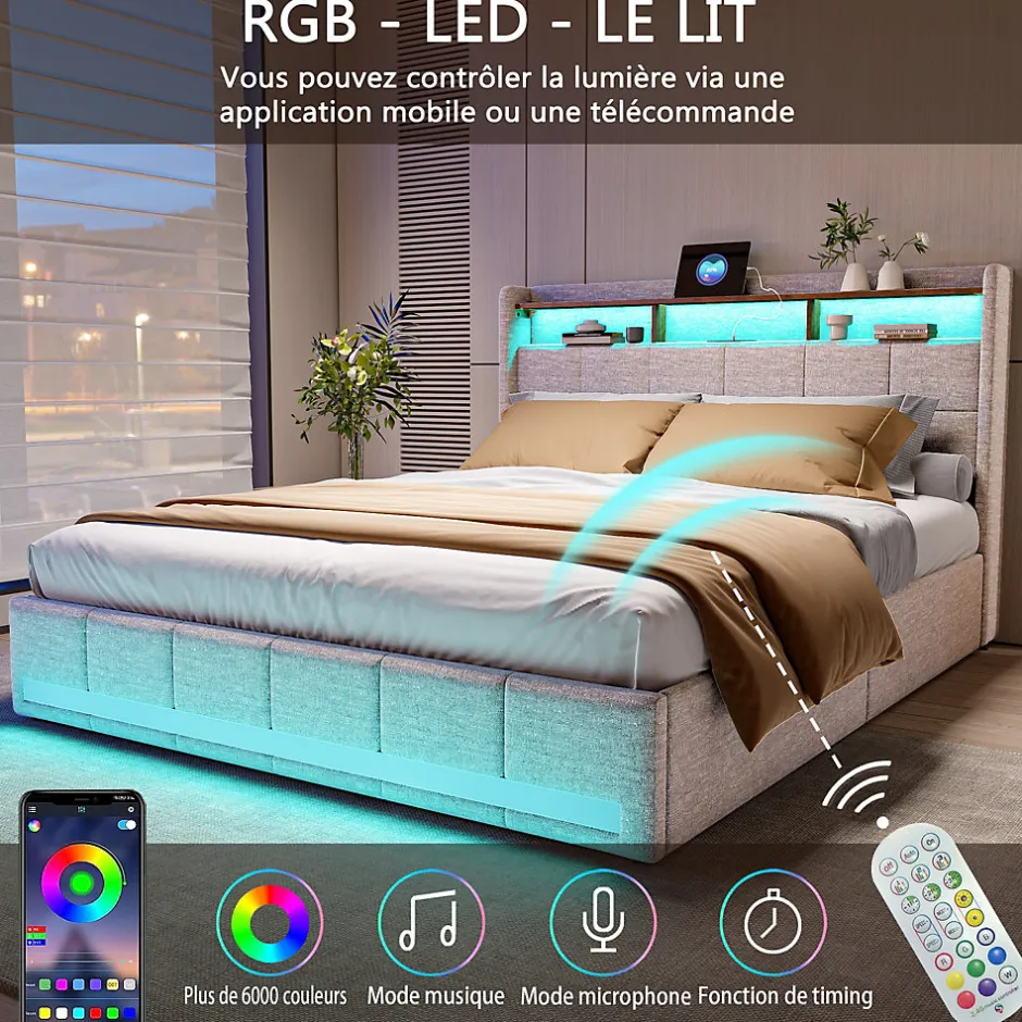 Simple Life Lit 180x200 Sommier LED Et 2 USB, Type-c, Lit Capitonné Lit Double Avec 4 Tiroirs, Lin, Beige