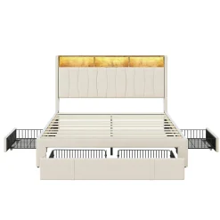 Simple Life Lit 160x200 Sommier LED et USB, Type-C,Lit Capitonné Lit Double avec 4 Tiroirs,Velours, Beige Sale