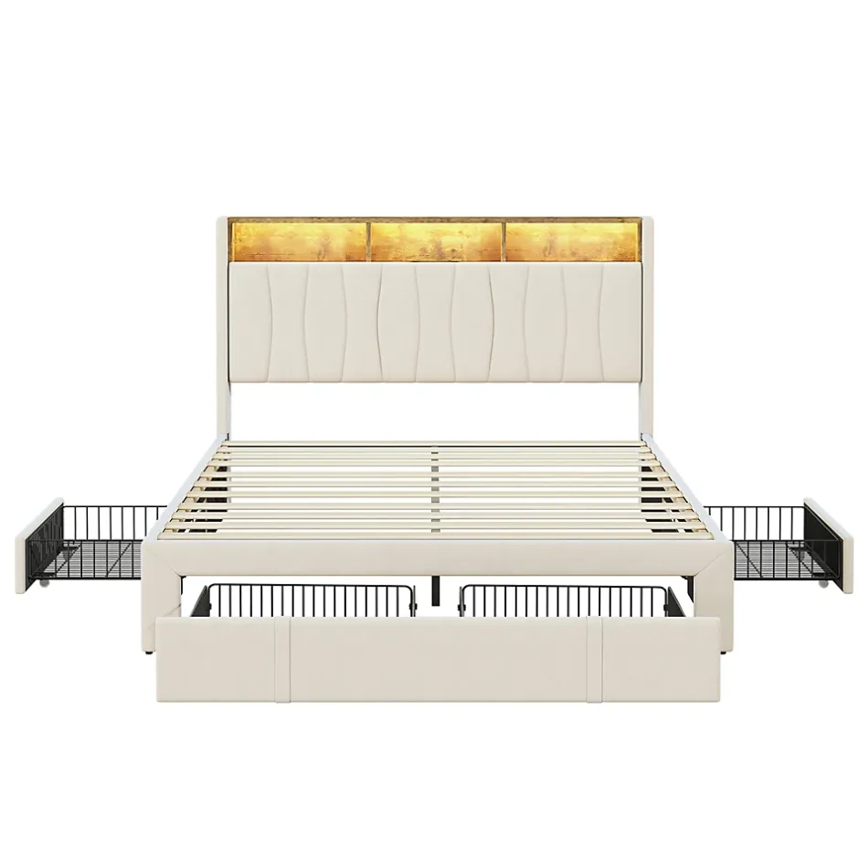 Simple Life Lit 160x200 Sommier LED et USB, Type-C,Lit Capitonné Lit Double avec 4 Tiroirs,Velours, Beige Sale