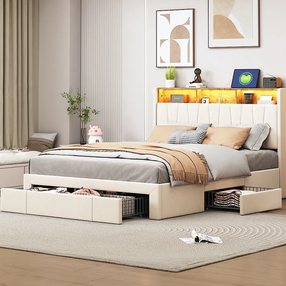 Simple Life Lit 160x200 Sommier LED et USB, Type-C,Lit Capitonné Lit Double avec 4 Tiroirs,Velours, Beige Sale