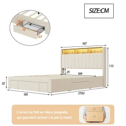 Simple Life Lit 160x200 Sommier LED et USB, Type-C,Lit Capitonné Lit Double avec 4 Tiroirs,Velours, Beige Sale