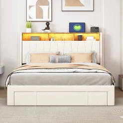 Simple Life Lit 160x200 Sommier LED et USB, Type-C,Lit Capitonné Lit Double avec 4 Tiroirs,Velours, Beige Sale