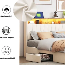 Simple Life Lit 160x200 Sommier LED et USB, Type-C,Lit Capitonné Lit Double avec 4 Tiroirs,Velours, Beige Sale