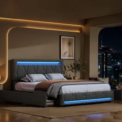 Generique Lit 140x200cm avec 4 tiroirs + LED + sommier à lattes - lin - Gris