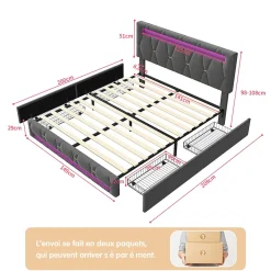 Generique Lit 140x200cm avec 4 tiroirs + LED + sommier à lattes - lin - Gris