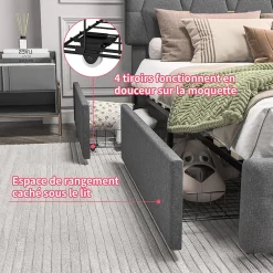 Generique Lit 140x200cm avec 4 tiroirs + LED + sommier à lattes - lin - Gris