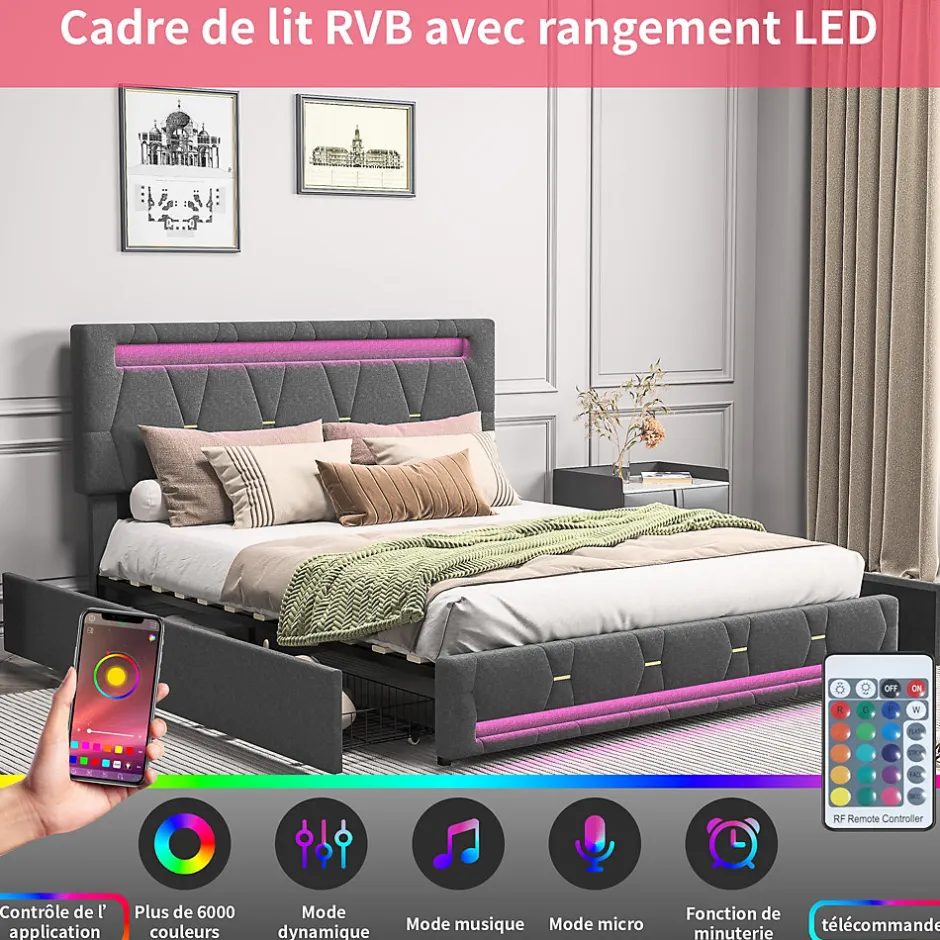 Generique Lit 140x200cm avec 4 tiroirs + LED + sommier à lattes - lin - Gris
