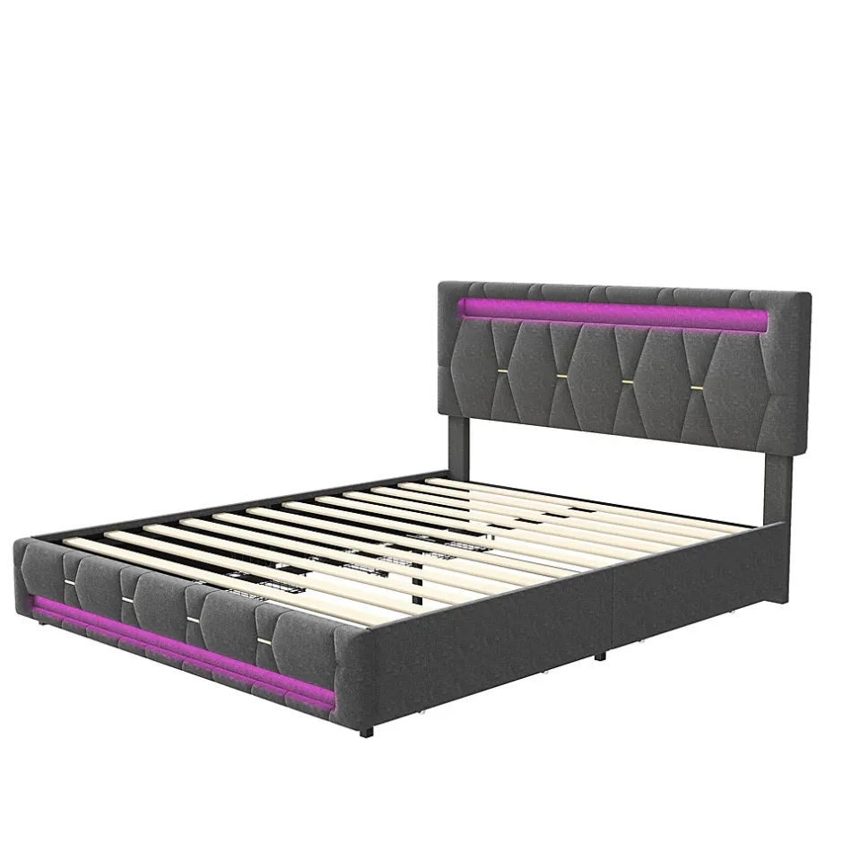 Generique Lit 140x200cm avec 4 tiroirs + LED + sommier à lattes - lin - Gris
