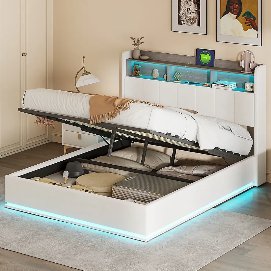 Simple Life lit 140x200cm avec éclairage LED, Lit Coffre avec Sommier à Lattes, Prises, USB et Type-C, Velours Discount