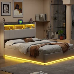 Simple Life lit 140x200cm avec éclairage LED, Lit Coffre avec Sommier à Lattes, Prises, USB et Type-C, Velours Discount