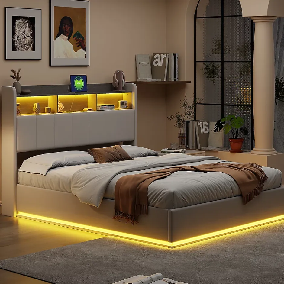 Simple Life lit 160x200cm avec éclairage LED, Lit Coffre avec Sommier à Lattes, Prises, USB et Type-C, Velours Hot