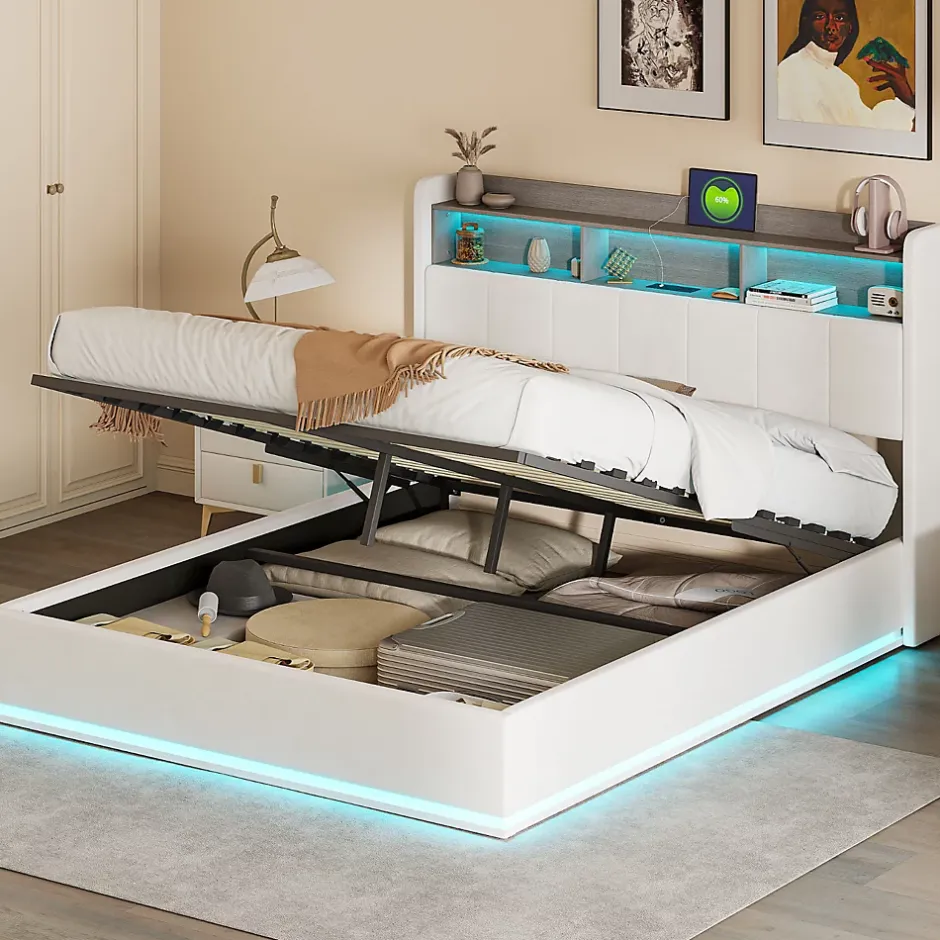 Simple Life lit 160x200cm avec éclairage LED, Lit Coffre avec Sommier à Lattes, Prises, USB et Type-C, Velours Hot