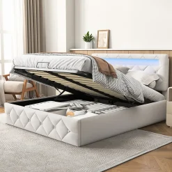 Simple Life Lit 160x200cm avec LED - Sommier à Lattes - Grand Rangement - Beige Best