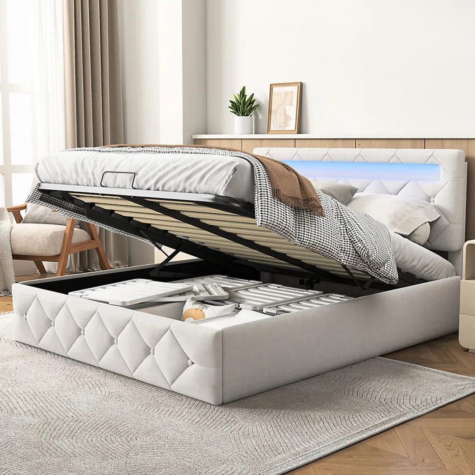 Simple Life Lit 160x200cm avec LED - Sommier à Lattes - Grand Rangement - Beige Best