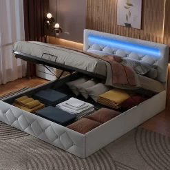 Simple Life Lit 160x200cm avec LED - Sommier à Lattes - Grand Rangement - Beige Best