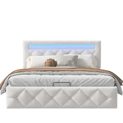 Simple Life Lit 160x200cm avec LED - Sommier à Lattes - Grand Rangement - Beige Best