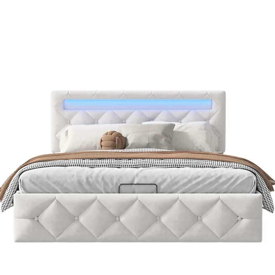 Simple Life Lit 160x200cm avec LED - Sommier à Lattes - Grand Rangement - Beige Best