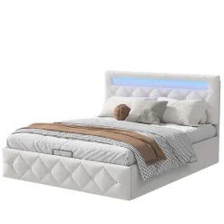 Simple Life Lit 160x200cm avec LED - Sommier à Lattes - Grand Rangement - Beige Best