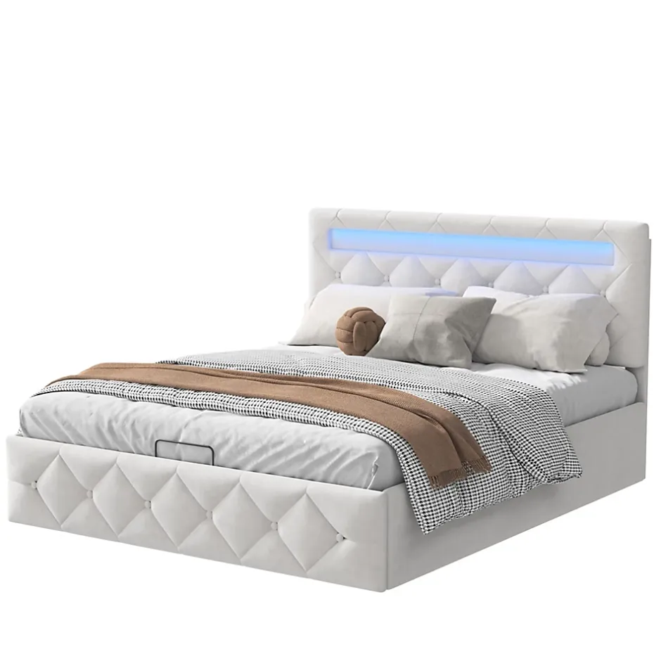 Simple Life Lit 160x200cm avec LED - Sommier à Lattes - Grand Rangement - Beige Best
