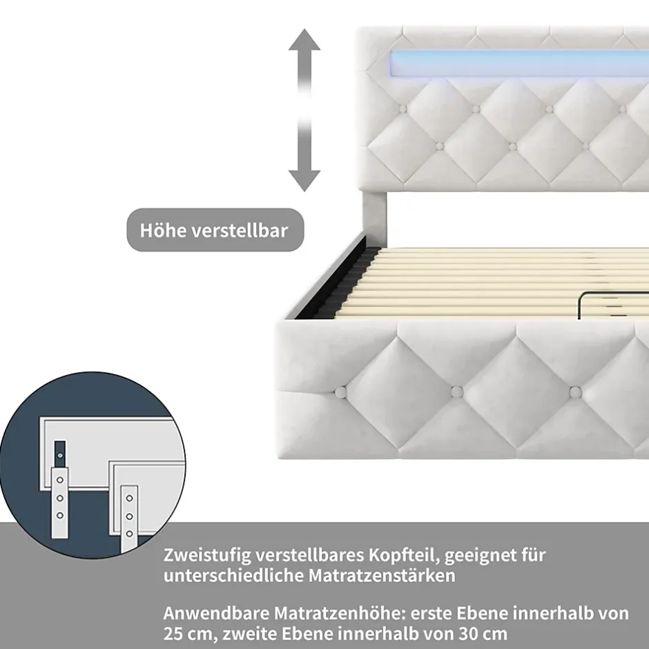 Simple Life Lit 160x200cm avec LED - Sommier à Lattes - Grand Rangement - Beige Best