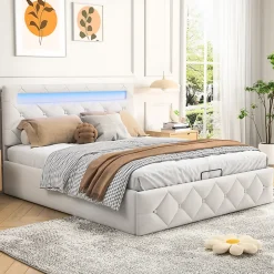 Simple Life Lit 160x200cm avec LED - Sommier à Lattes - Grand Rangement - Beige Best
