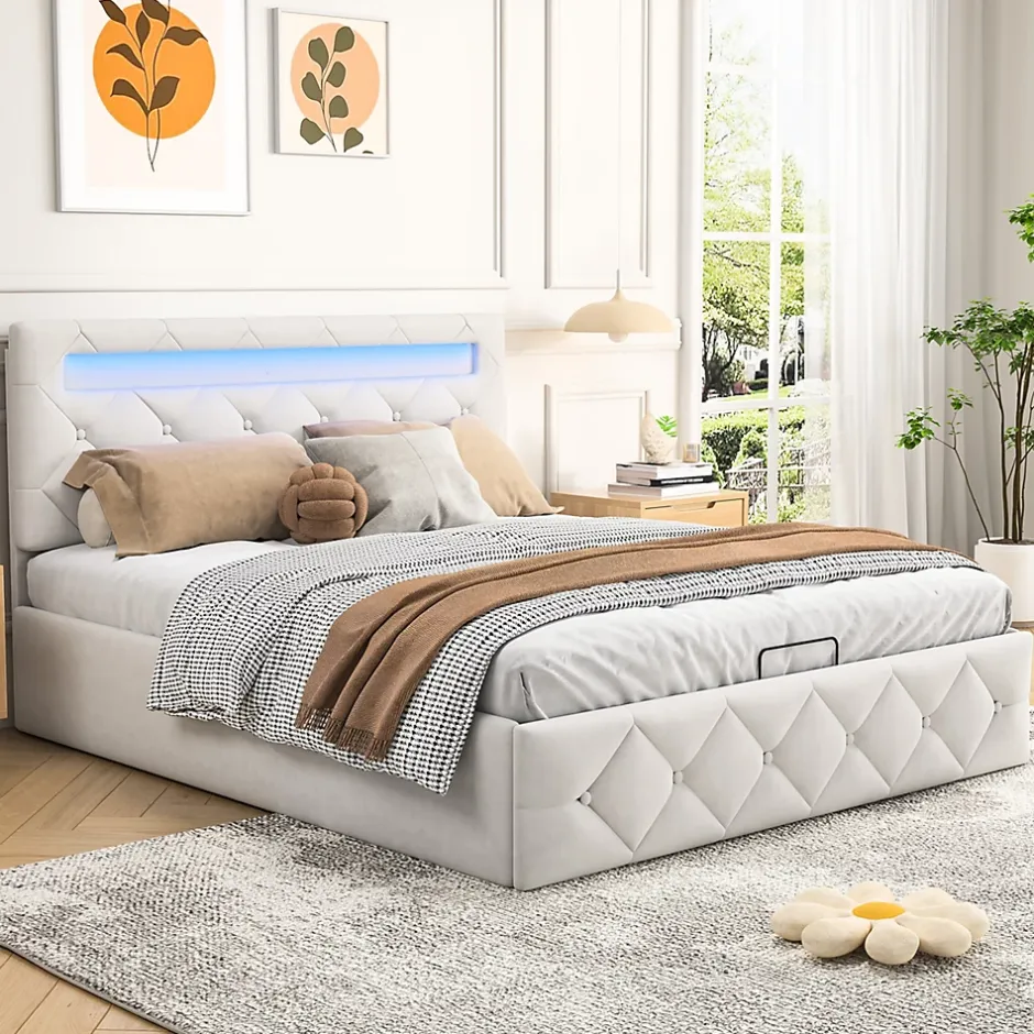 Simple Life Lit 160x200cm avec LED - Sommier à Lattes - Grand Rangement - Beige Best