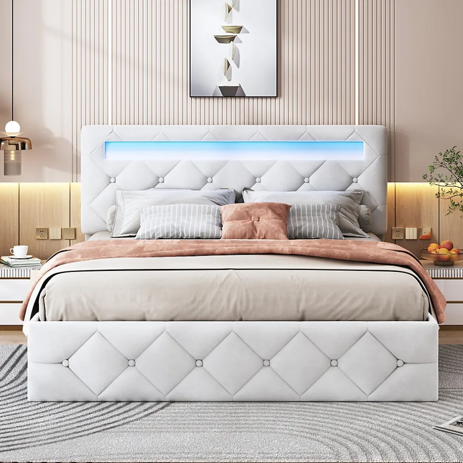Simple Life Lit 160x200cm avec LED - Sommier à Lattes - Grand Rangement - Beige Best