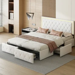 Simple Life Lit 140x200cm avec LED tête de lit relevable, Lit capitonné avec 4 tiroirs et Rangement Lit, Blanc