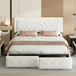 Simple Life Lit 140x200cm avec LED tête de lit relevable, Lit capitonné avec 4 tiroirs et Rangement Lit, Blanc