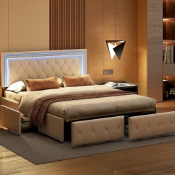 Simple Life Lit 140x200cm avec LED tête de lit relevable, Lit capitonné avec 4 tiroirs et Rangement Lit, Blanc