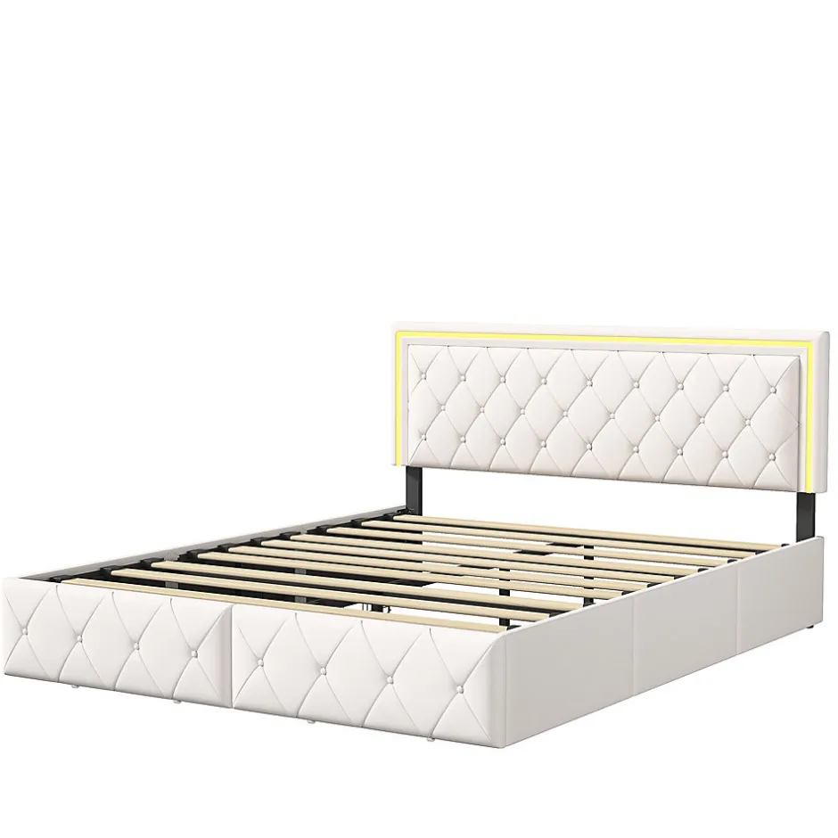 Simple Life Lit 140x200cm avec LED tête de lit relevable, Lit capitonné avec 4 tiroirs et Rangement Lit, Blanc