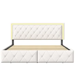Simple Life Lit 140x200cm avec LED tête de lit relevable, Lit capitonné avec 4 tiroirs et Rangement Lit, Blanc