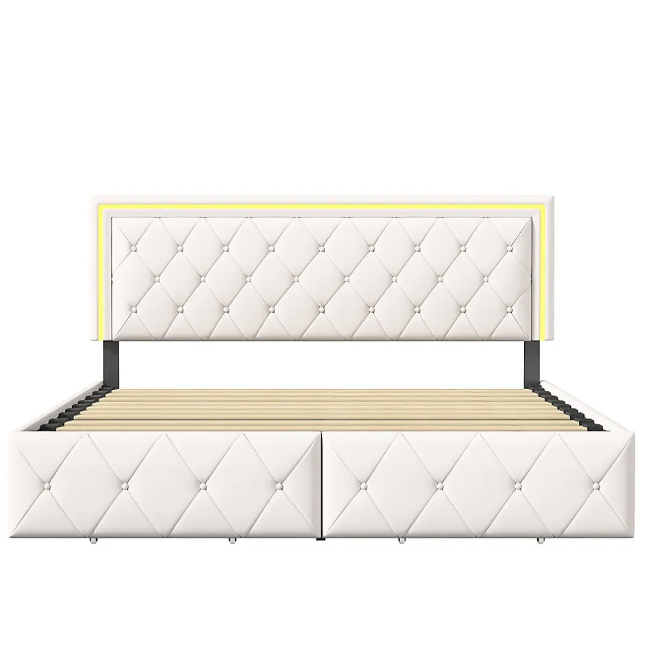 Simple Life Lit 140x200cm avec LED tête de lit relevable, Lit capitonné avec 4 tiroirs et Rangement Lit, Blanc