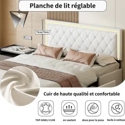 Simple Life Lit 140x200cm avec LED tête de lit relevable, Lit capitonné avec 4 tiroirs et Rangement Lit, Blanc