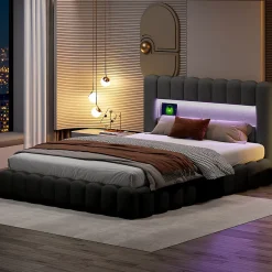 Simple Life Lit 180x200cm avec LED tête de lit, Lit capitonné avec Rangement, Lit Coffre, Lin, Gris