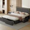 Simple Life Lit 160x200cm Avec LED Tête De Lit Relevable, Lit Capitonné Avec 4 Tiroirs Et Rangement Lit, Gris