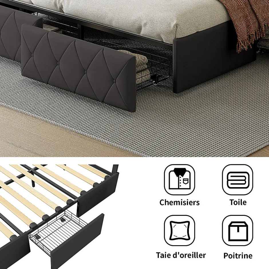 Simple Life Lit 160x200cm Avec LED Tête De Lit Relevable, Lit Capitonné Avec 4 Tiroirs Et Rangement Lit, Gris