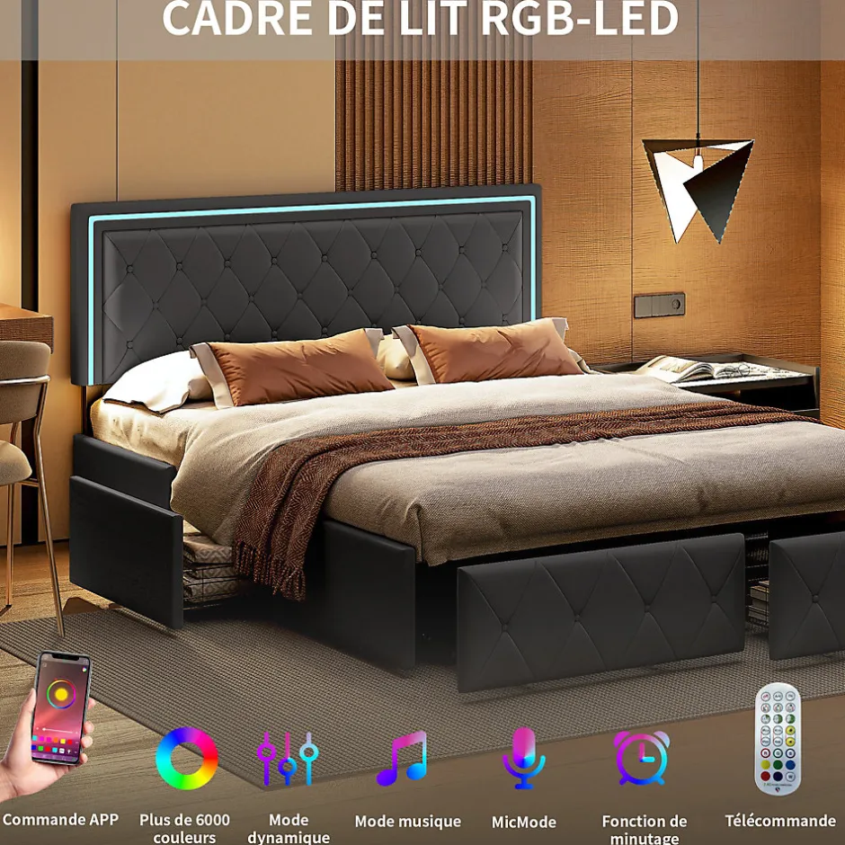 Simple Life Lit 160x200cm Avec LED Tête De Lit Relevable, Lit Capitonné Avec 4 Tiroirs Et Rangement Lit, Gris